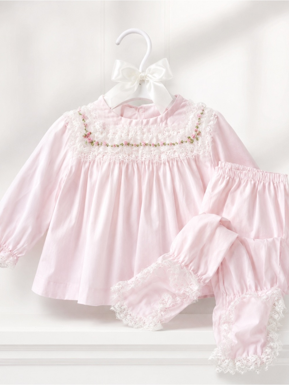 Vintage Alexis Pink Lace Trim Baby Dress Set Smocked Floral Embroidery RARE HTF